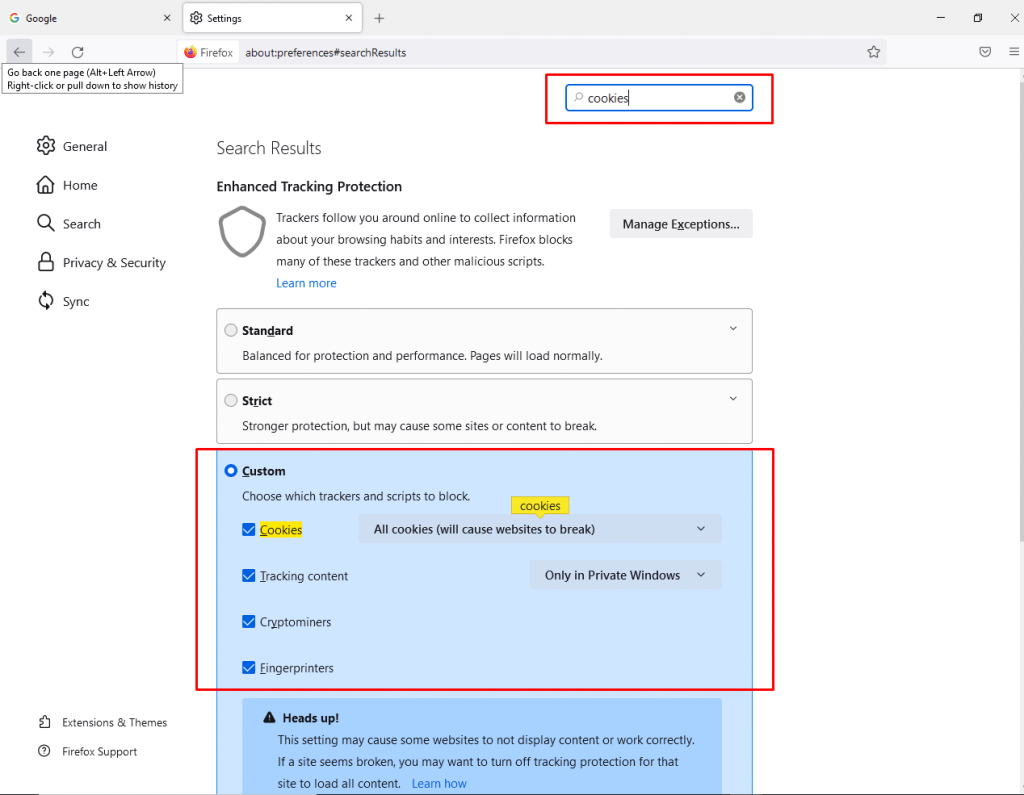 Shortcut to enable cookies on firefox 